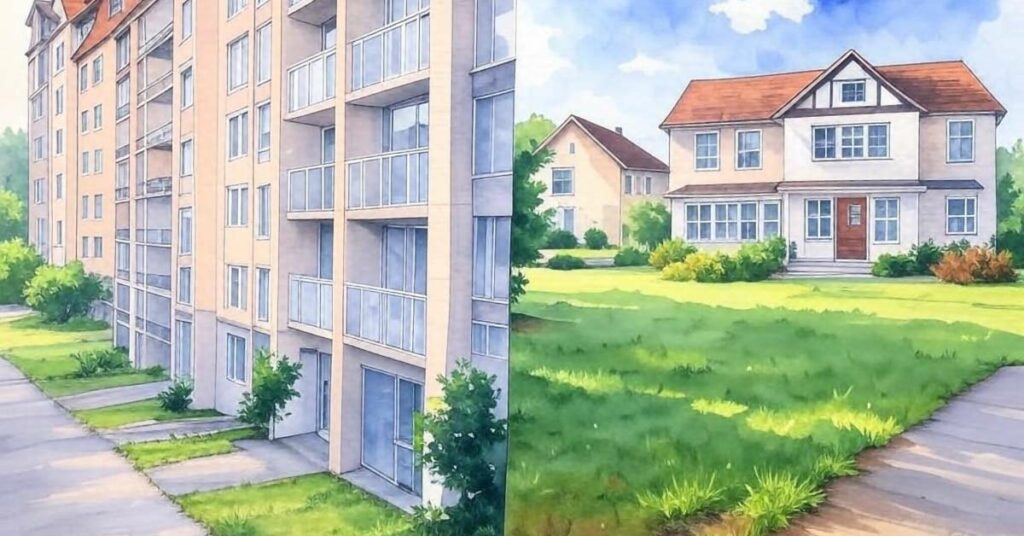 ein Doppelbild, eine Zeichnung mit einer Fassade für Mieter und einem Haus symbolisch für ein Eigenheim und den Weg von der Mietwohnung ins eigene Zuhause