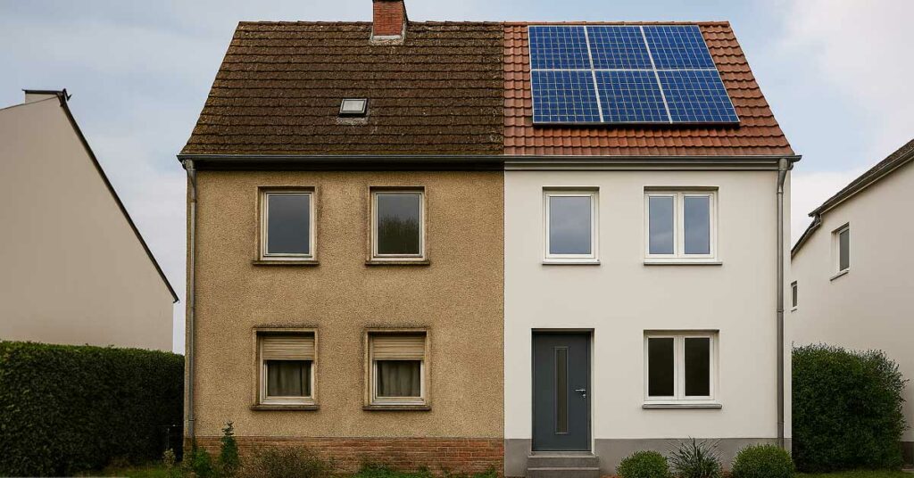 ein Haus geteilt in zwei Hälften