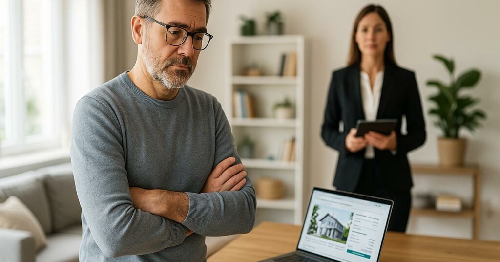 Ein Mann und eine Maklerin. Der mann versucht eine Entscheidung zu finden