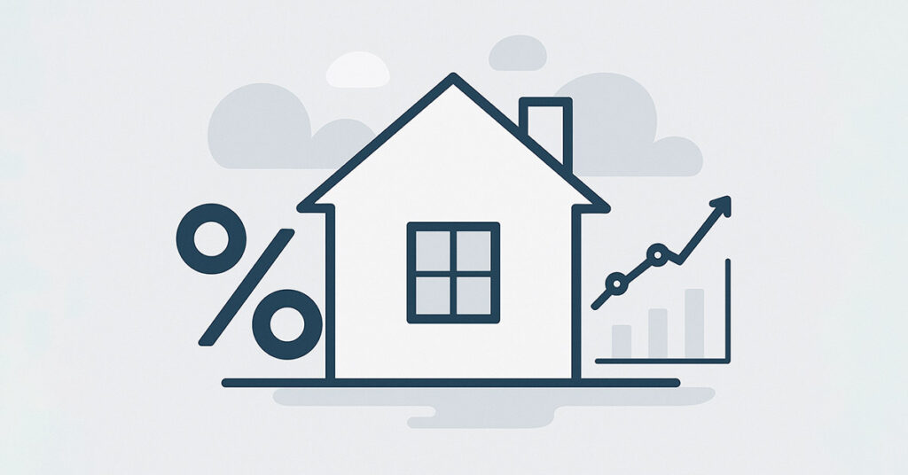Illustration eines Hauses mit Prozentzeichen und steigender Zins- und Finanzierungsgrafik; symbolisiert Immobilienfinanzierung, Kreditzinsen und Kostenentwicklung für angehende Käufer. | Immobilienfinanzierung