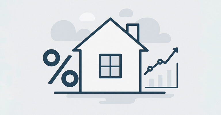 Illustration eines Hauses mit Prozentzeichen und steigender Zins- und Finanzierungsgrafik; symbolisiert Immobilienfinanzierung, Kreditzinsen und Kostenentwicklung für angehende Käufer. | Immobilienfinanzierung