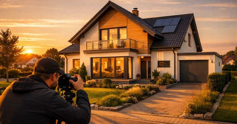 Außenaufnahme eines attraktiven, modern-klassischen Einfamilienhauses bei warmem Sonnenuntergang, sanftes goldenes Licht, langer Schattenwurf, gepflegter Vorgarten, im Vordergrund ein professioneller Fotograf mit Kamera auf Stativ, der das Haus fotografiert, hochwertige Architektur, ruhige Wohngegend, stimmungsvolle Abendatmosphäre, realistisch, detailreich, leicht erhöhte Perspektive, harmonische Bildkomposition - als Symbolbild für Immobilienpräsentation beim Verkauf | Immobilienverkauf