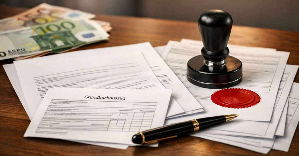 Realistische, hochwertige Fotomontage für ein Immobilien-Beitragsbild: Auf einem Schreibtisch liegen ein Immobilienkaufvertrag, ein Grundbuchauszug und mehrere offizielle Dokumente. Daneben ein Notarstempel mit rotem Siegelabdruck, ein Füller und dezente Euro-Scheine im Hintergrund. Das Motiv wirkt seriös, modern und professionell, mit warmem Licht und unscharfem Hintergrund. Thema: Kaufnebenkosten beim Immobilienkauf, Notar- und Grundbuchkosten. Kein Text im Bild, geeignet als Titelbild für einen Ratgeberartikel. | Immobilienkauf