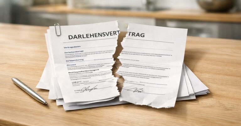Ein zerrissener Darlehensvertrag liegt auf einem hellen Holztisch. Dezente Tiefenschärfe. Helle, natürliche Lichtstimmung, hohe Detailqualität, realistische Fotografie. | Immobilienverkauf