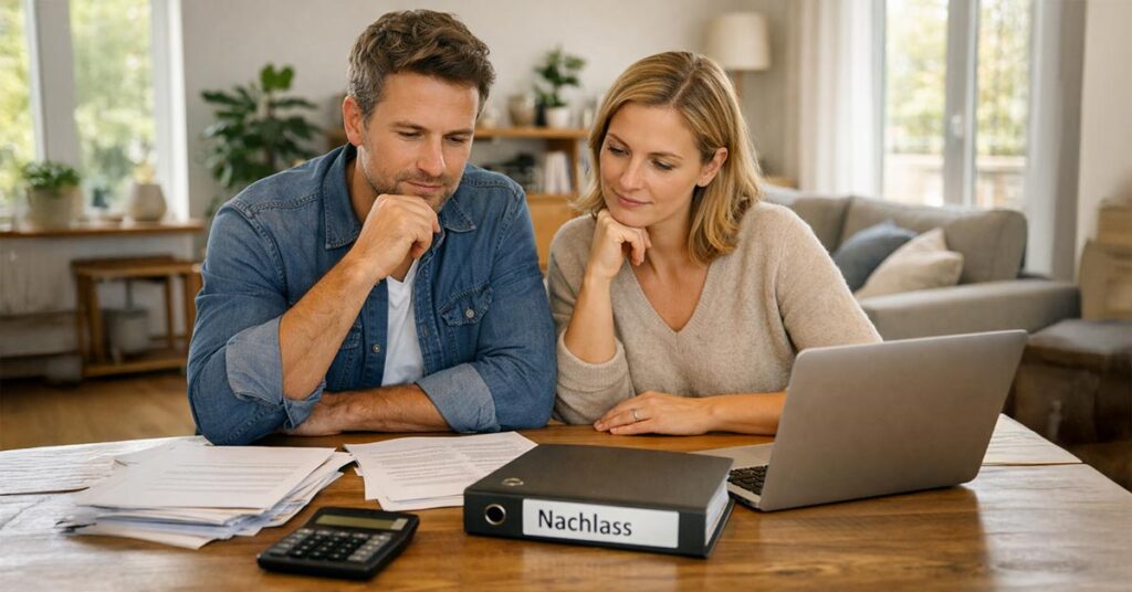 Symapthisches Paar Mitte 30 bis Anfang 40, das an einem Holztisch in einem hellen, modern eingerichteten Wohnzimmer sitzt. Vor ihnen liegen geordnete Unterlagen, ein Ordner mit der Aufschrift ‚Nachlass‘, ein Taschenrechner und ein Laptop. Beide wirken konzentriert und nachdenklich. Erbimmobilie