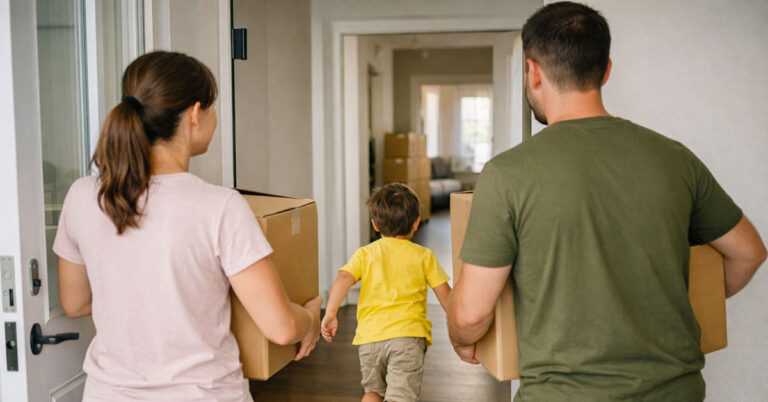 Eine glückliche junge Familie trägt volle Umzugskartons in die neue Wohnung. Sie gehen durch die Haustür ins Haus. Die Familie ist nur von hinten zu sehen. Das Kind rennt spielerisch vor den Eltern ins Haus. Förderung Familien