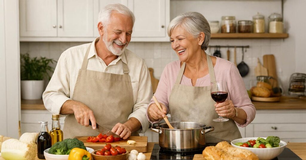 Älteres Paar kocht gemeinsam in einer hellen Küche – Sinnbild für selbstbestimmtes, altersgerechtes Wohnen im eigenen Zuhause oder in einer barrierefreien Immobilie | Barrierfreier Umbau