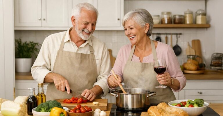 Älteres Paar kocht gemeinsam in einer hellen Küche – Sinnbild für selbstbestimmtes, altersgerechtes Wohnen im eigenen Zuhause oder in einer barrierefreien Immobilie | Barrierfreier Umbau