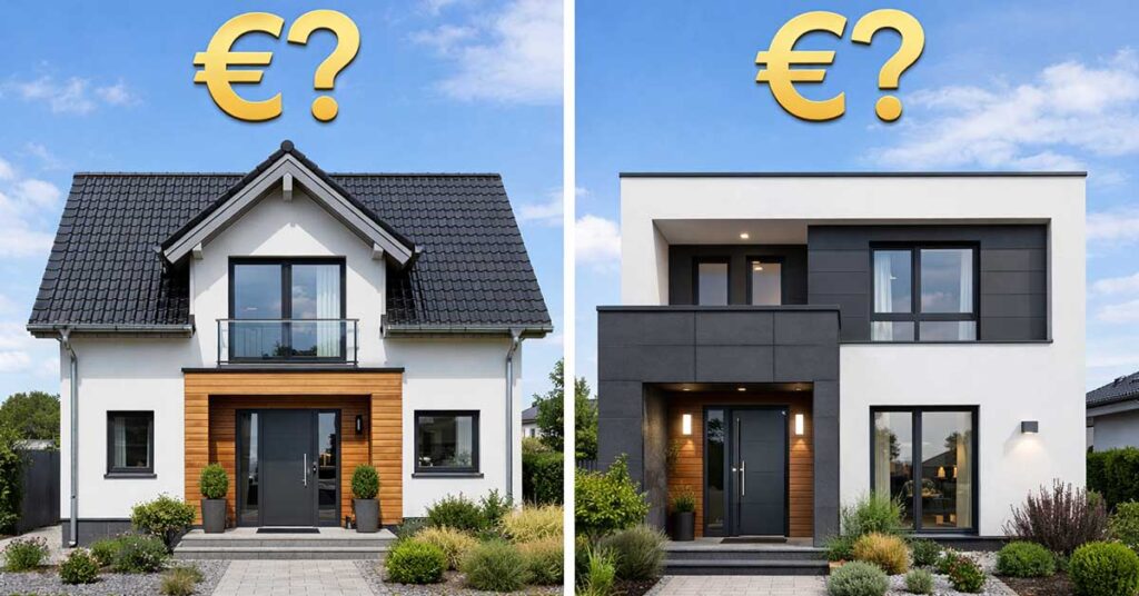 Ein Foto von von 2 zeitgemäßen Einfamilienhäusern in Deutschland. Über den Häusern steht jeweils ein Euro-Zeichen und ein Fragezeichen - als Symbolbild für Immobilienbewertung mit dem Vergleichswertverfahren. | Vergleichswertverfahren