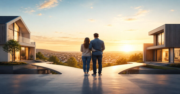Zwischenfinanzierung beim Immobilienkauf: Ein Paar blickt auf eine moderne Wohnlandschaft mit zwei Häusern und symbolisiert den Übergang zwischen bestehender und neuer Immobilie. I Zwischenfinanzierung