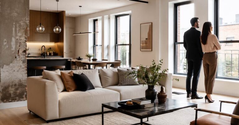 Modernisiertes Wohnzimmer mit offener Küche und einem Paar am Fenster – Symbolbild zum Thema Fix & Flip, bei dem Immobilien gekauft, renoviert und anschließend weiterverkauft werden.