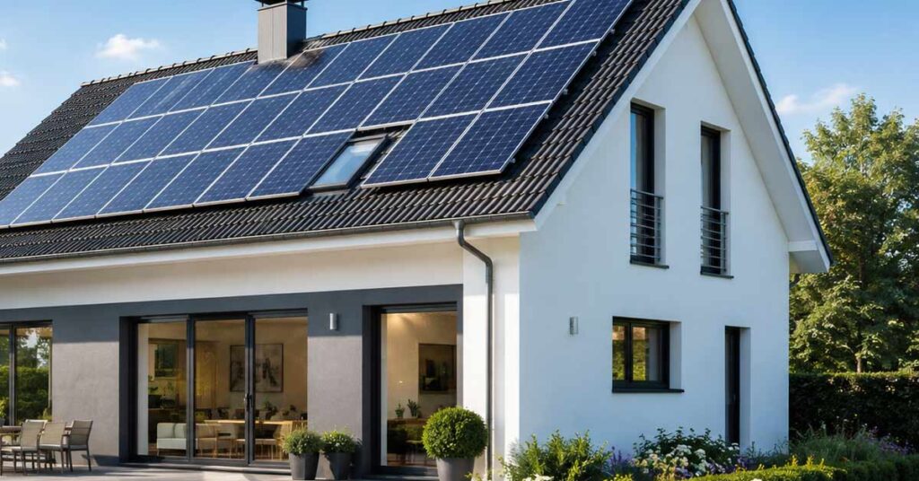 Modernes Einfamilienhaus mit großflächiger Photovoltaikanlage auf dem Dach, die zur Energieeffizienz und Wertsteigerung der Immobilie beitragen kann.