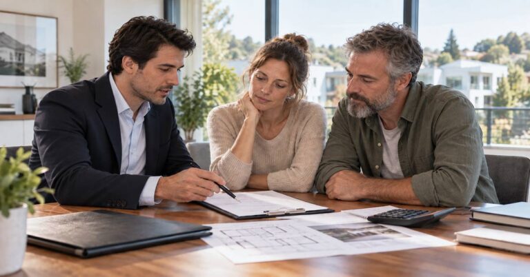 Paar im Beratungsgespräch mit einem Immobilienberater über Unterlagen zum Hauskauf und passenden Versicherungen.